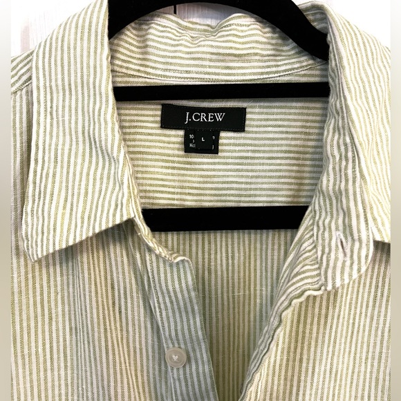 J. Crew Linen Long Sleeve Green Stripe Button down Shirt sz L - Picture 5 of 11